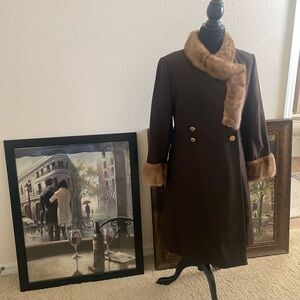 Elegant Brown Coat w/Genuine honey color Mink Fur collar & cuff/ w/FREE SHIPiNG